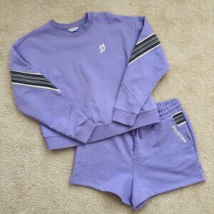 Peloton Athleisure Set Womens L Purple Shorts Pullover Crewneck Sweatshirt Draws